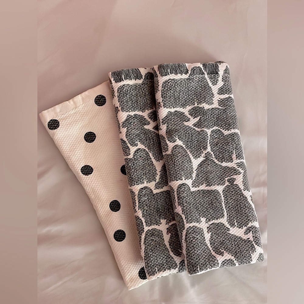 3 Cute Shaggy Dog/Polka Dot Kate Spade Kitchen Towels